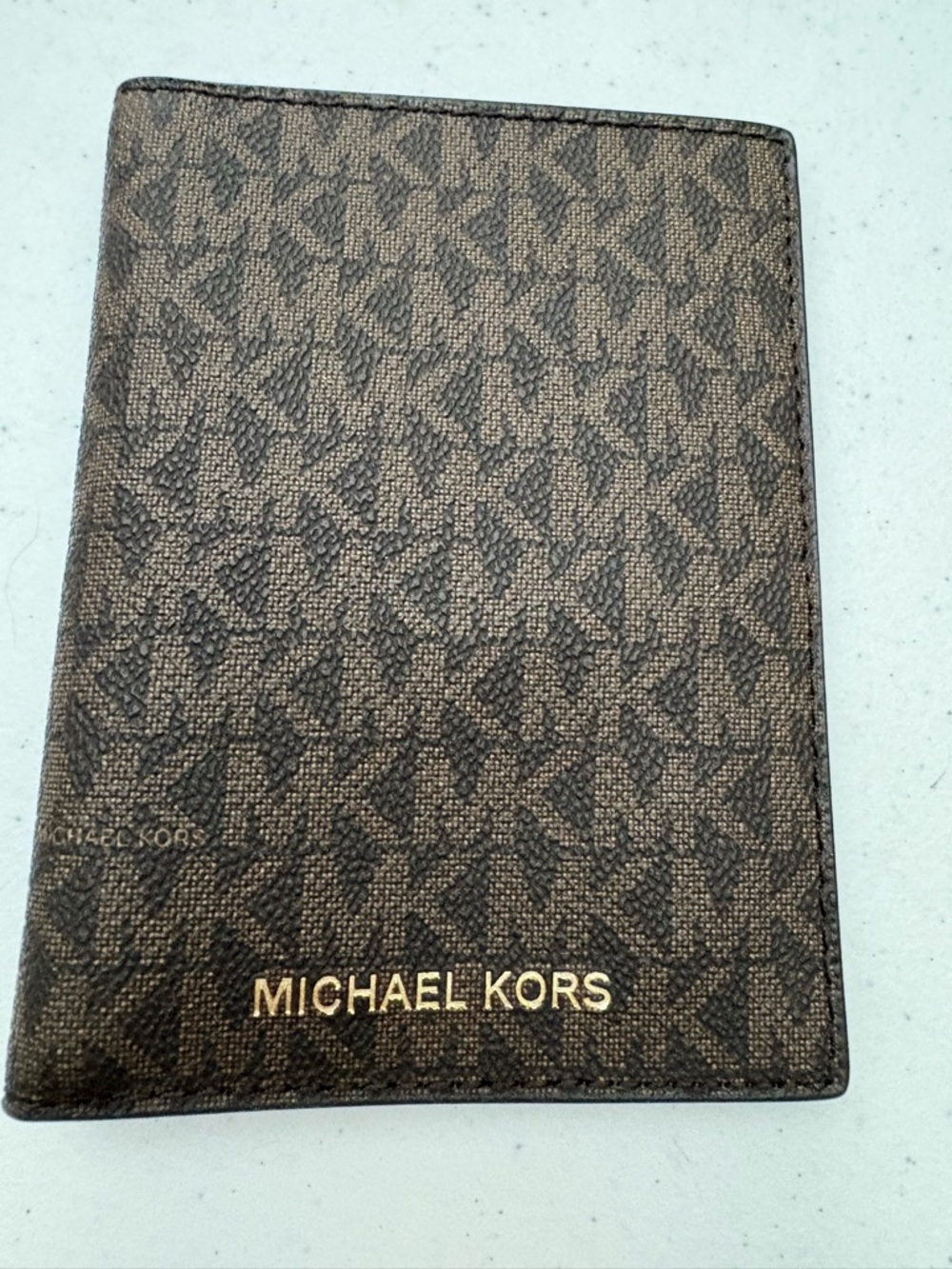 Michael Kors Signature MK Logo Passport Case Wallet Holder Brown Acorn New